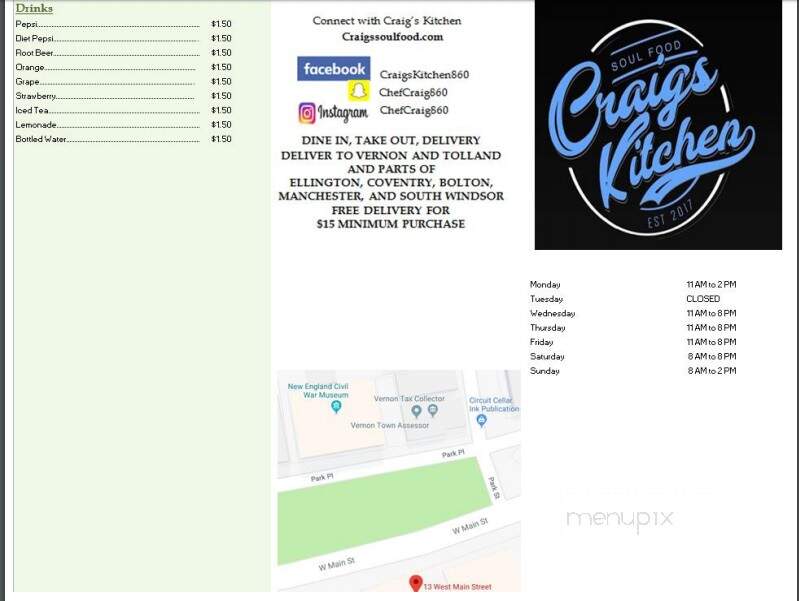 Craig's Kitchen - Vernon, CT menu_pic