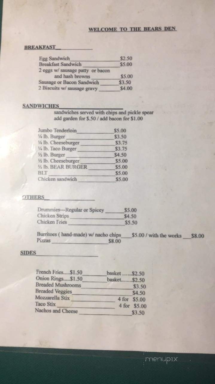 Bears Den - Argos, IN menu_pic