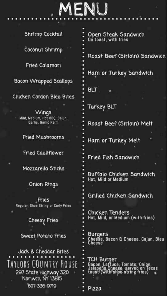 Taylor's Country House - Norwich, NY menu_pic