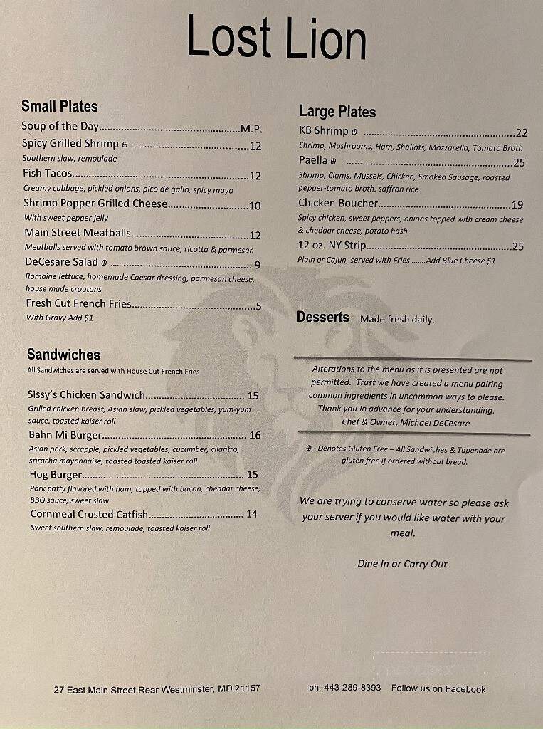 Lost Lion - Westminster, MD menu_pic