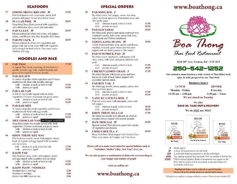 Boa-Thong Thai Food Restaurant - Vernon, BC