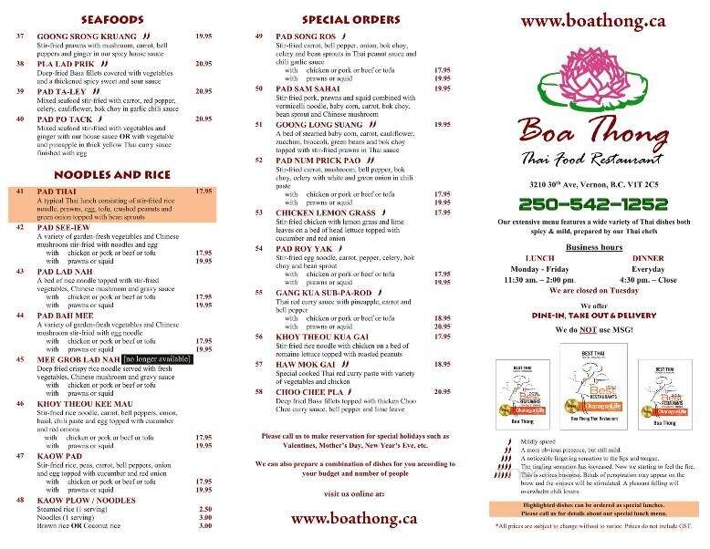 Boa-Thong Thai Food Restaurant - Vernon, BC menu_pic