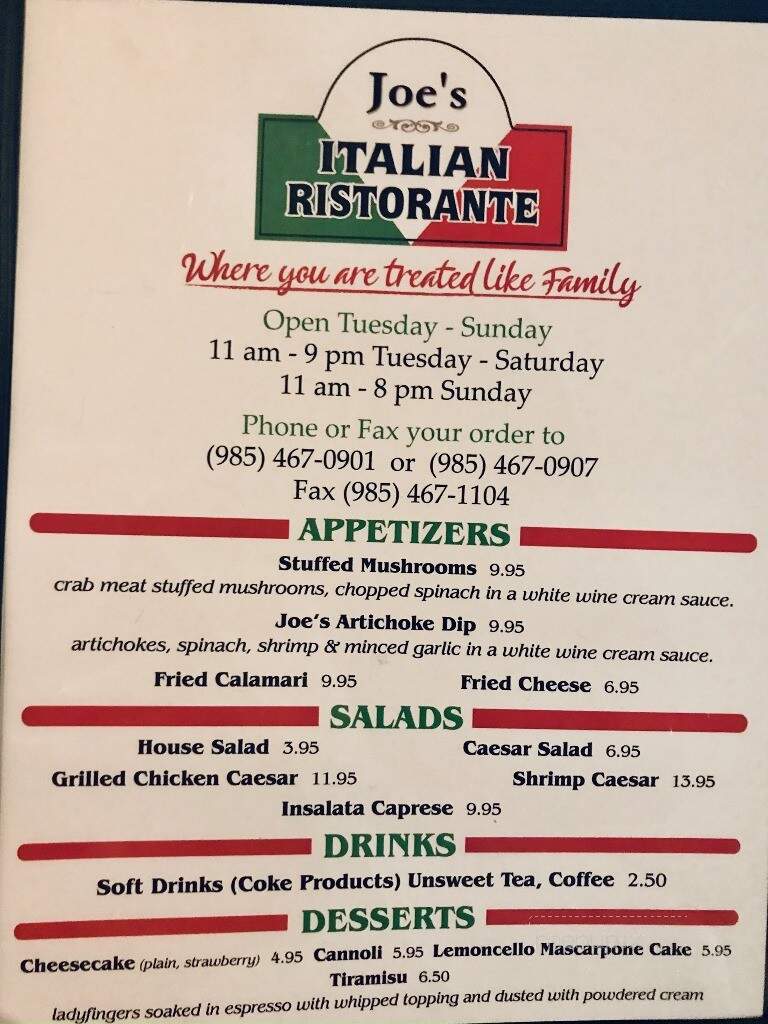 Joe's Italian Ristorante - Ponchatoula, LA menu_pic
