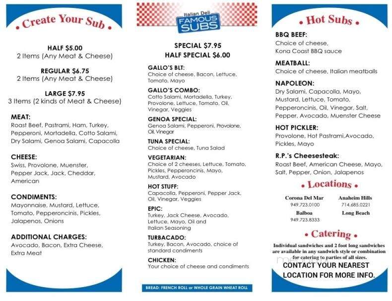 Gallo's Italian Deli Cdm - Corona Del Mar, CA menu_pic