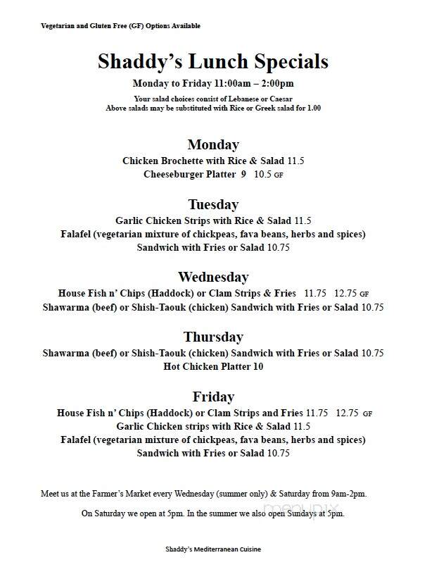 Shaddy's Restaurant - Charlottetown, PE menu_pic