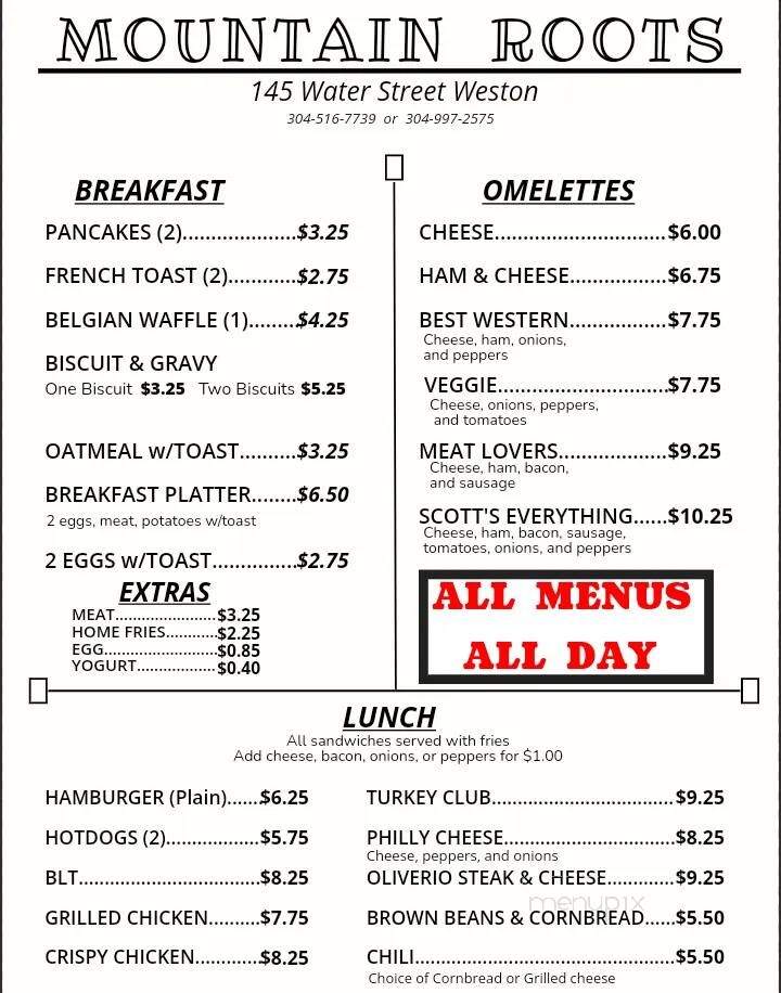 Mountain Roots Restaurant - Weston, WV menu_pic