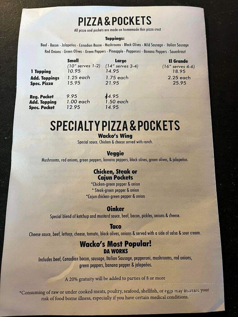 Wackos - Knoxville, IA menu_pic