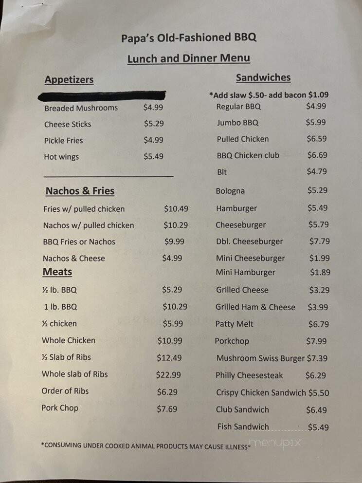 Papa's Old Fashioned BBQ - Erin, TN menu_pic