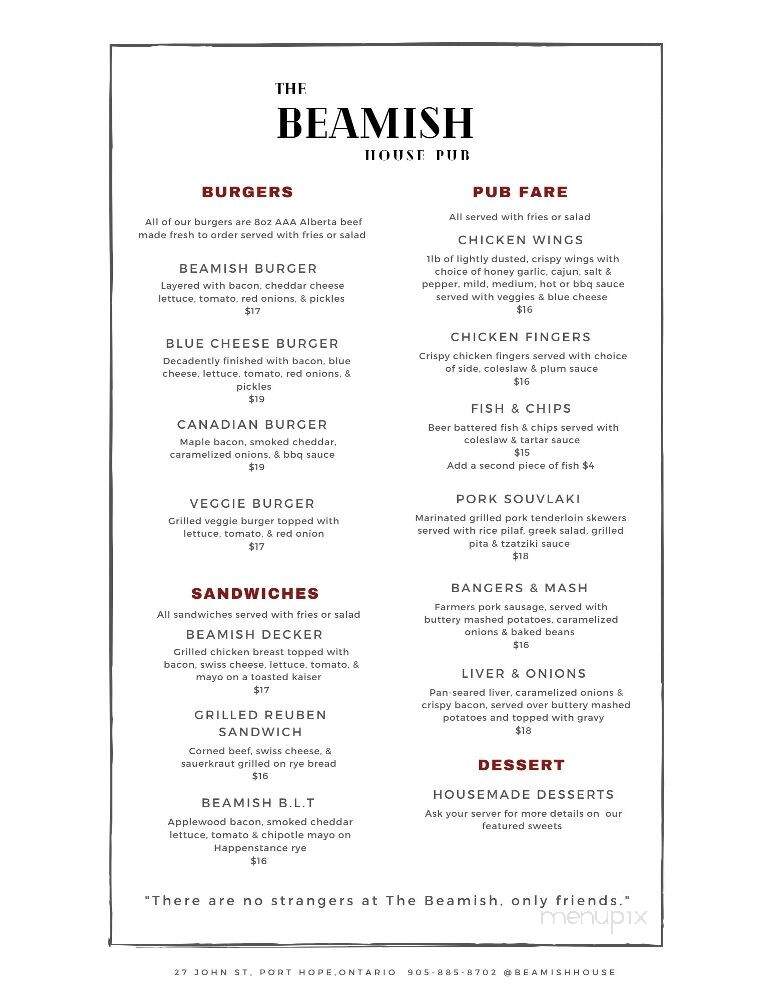 Beamish House - Port Hope, ON menu_pic