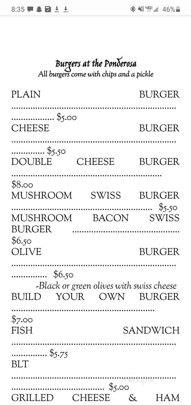 Ponderosa Bar - Alma, WI menu_pic
