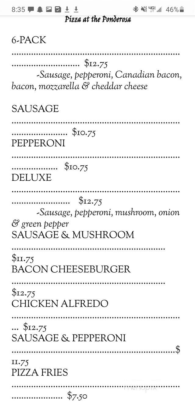 Ponderosa Bar - Alma, WI menu_pic