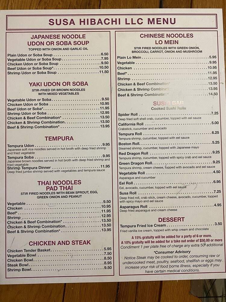 Susa Hibachi Grill - Carthage, NC menu_pic