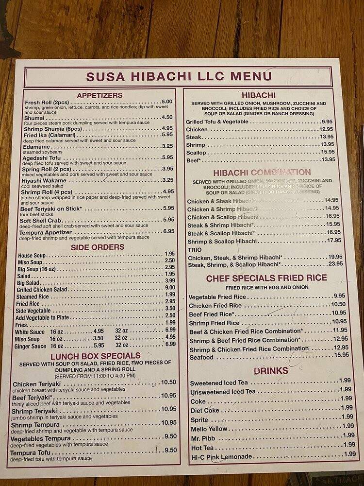 Susa Hibachi Grill - Carthage, NC menu_pic