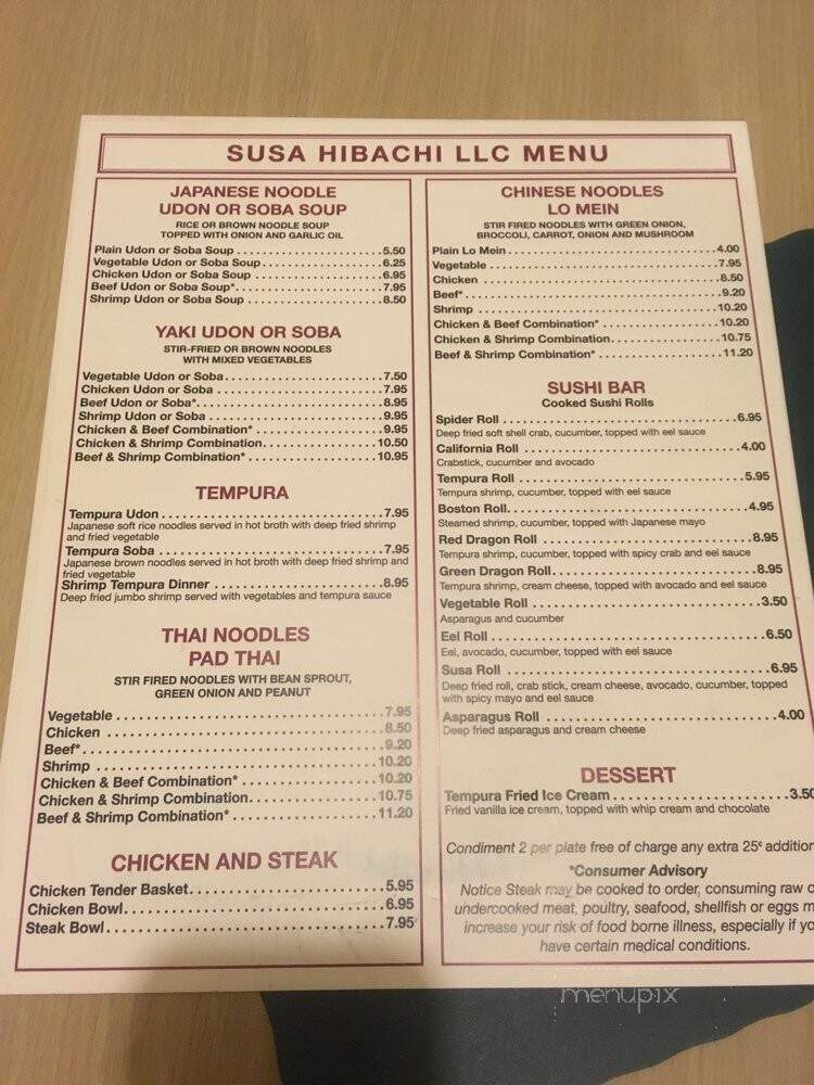 Susa Hibachi Grill - Carthage, NC menu_pic