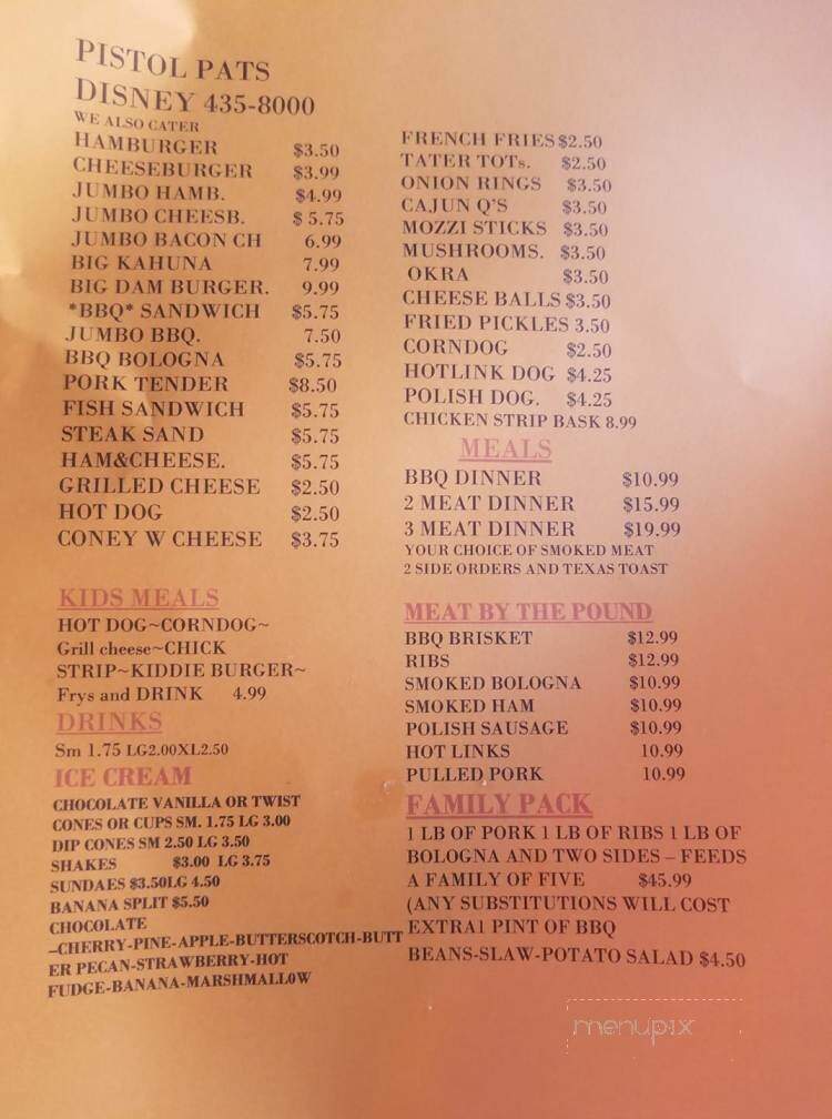 Pistol Pats Bar-B-Que - Disney, OK menu_pic