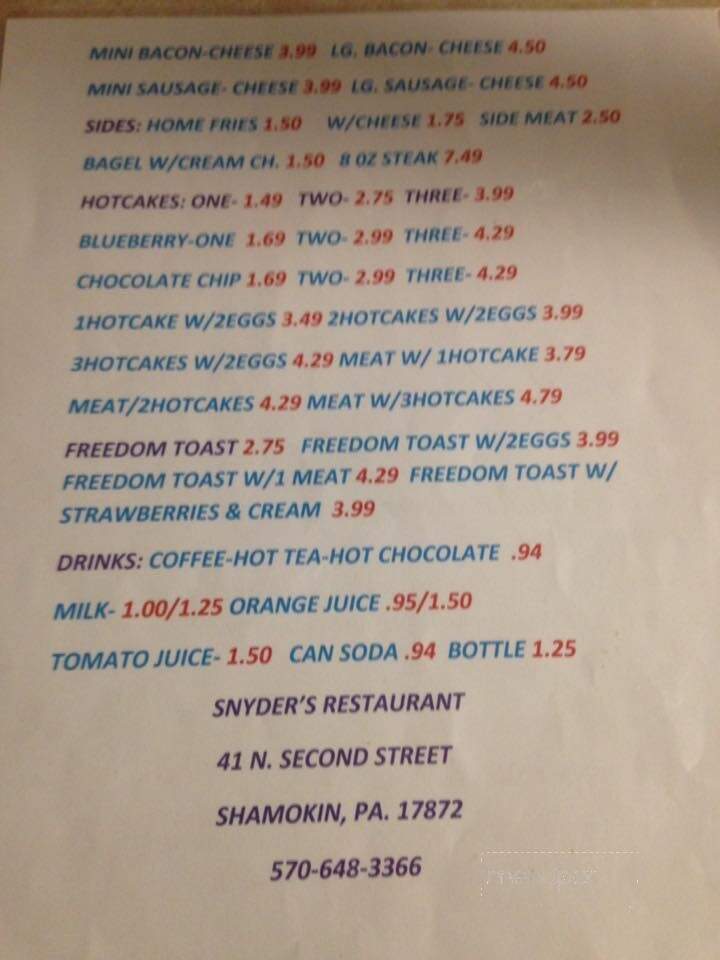 Snyder's Restaurant - Shamokin, PA menu_pic
