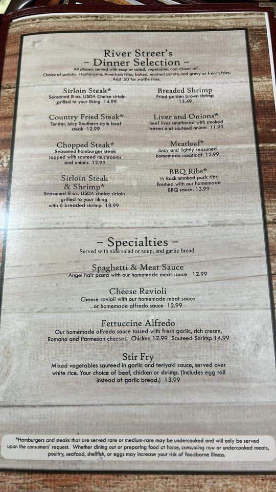 Dana's River Street Restaurant - Spooner, WI menu_pic