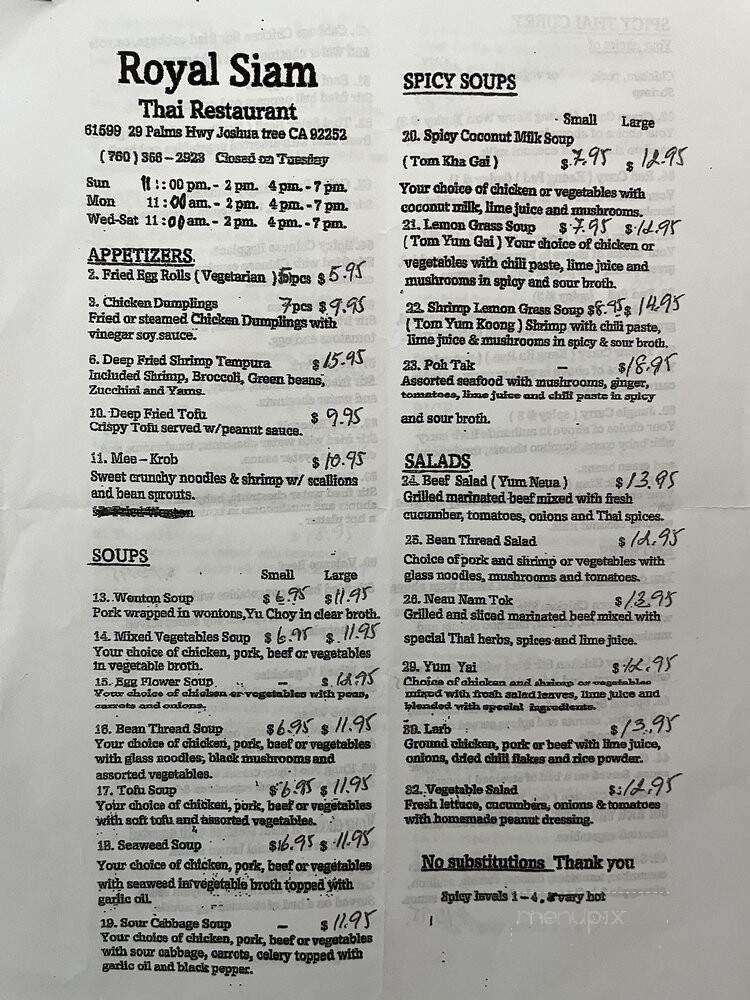 Royal Siam Cuisine Thai Restaurant - Joshua Tree, CA menu_pic