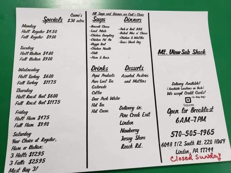 Mt. View Sub Shack - Linden, PA menu_pic