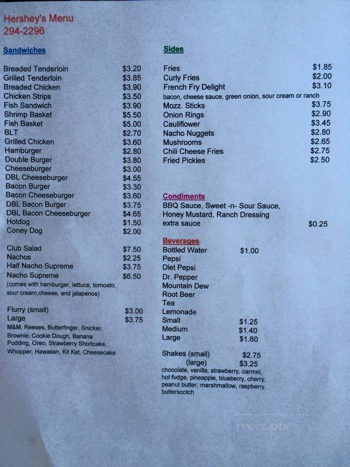 Hershey's Drive In - Veedersburg, IN menu_pic