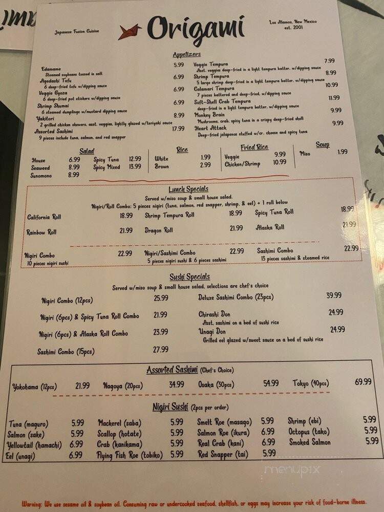Origami - Los Alamos, NM menu_pic