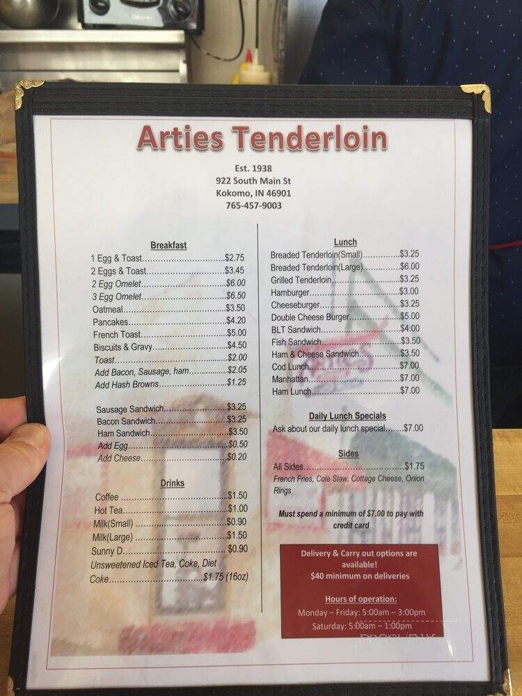 Artie's Tenderloin - Kokomo, IN menu_pic