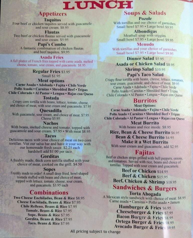 Papi's - Paso Robles, CA menu_pic