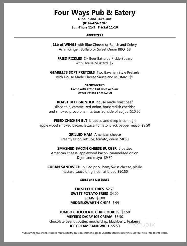 Four Ways Pub & Eatery - Bellefonte, PA menu_pic