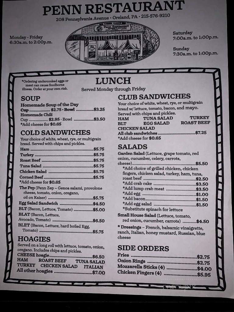 Penn Restaurant - Oreland, PA menu_pic