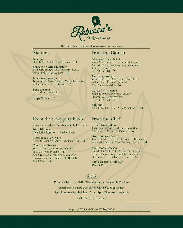 Rebecca's At The Lodge - Cloudcroft, NM menu_pic