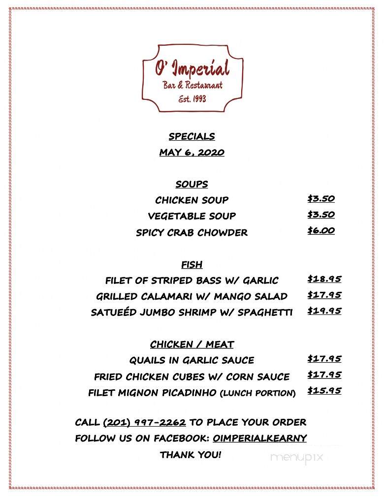 O Imperial Bar & Restaurant - Kearny, NJ menu_pic