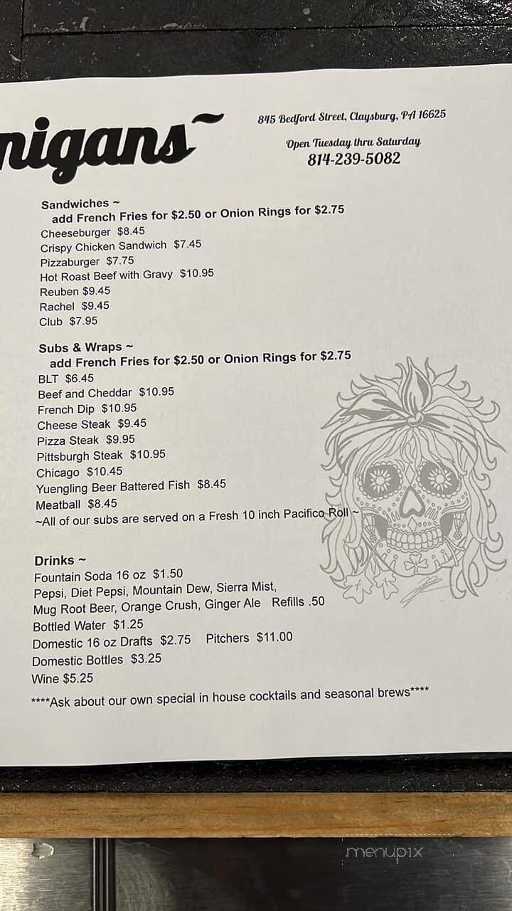 Shenanigan's - Claysburg, PA menu_pic