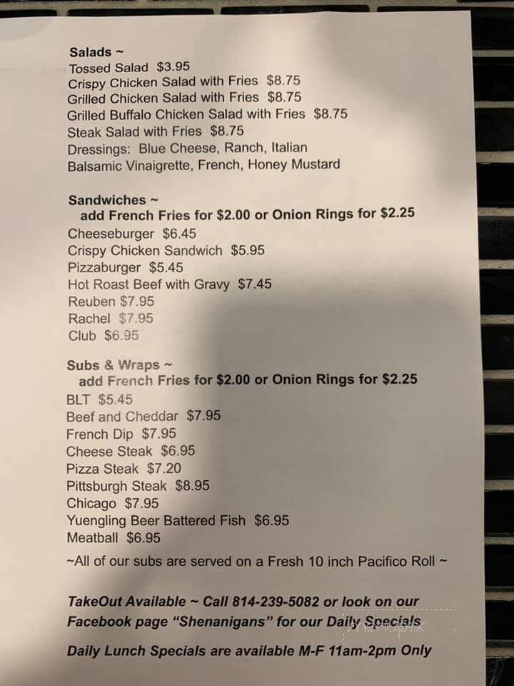 Shenanigan's - Claysburg, PA menu_pic