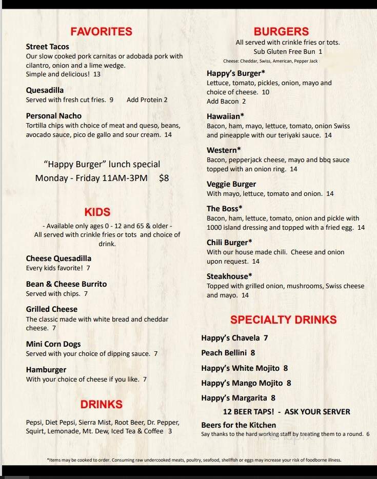 Happy's Bar and Grill - Gladstone, OR menu_pic