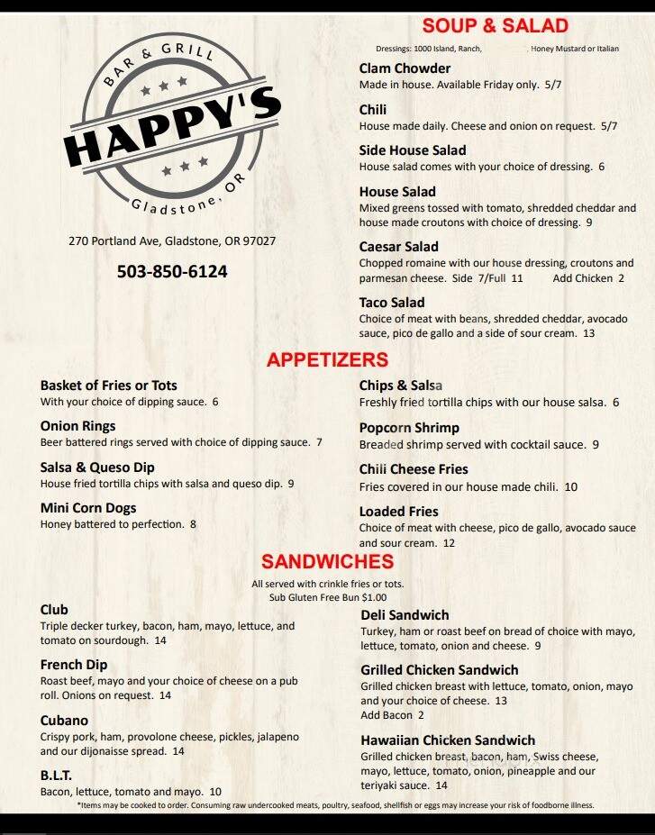Happy's Bar and Grill - Gladstone, OR menu_pic