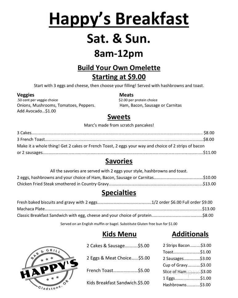 Happy's Bar and Grill - Gladstone, OR menu_pic