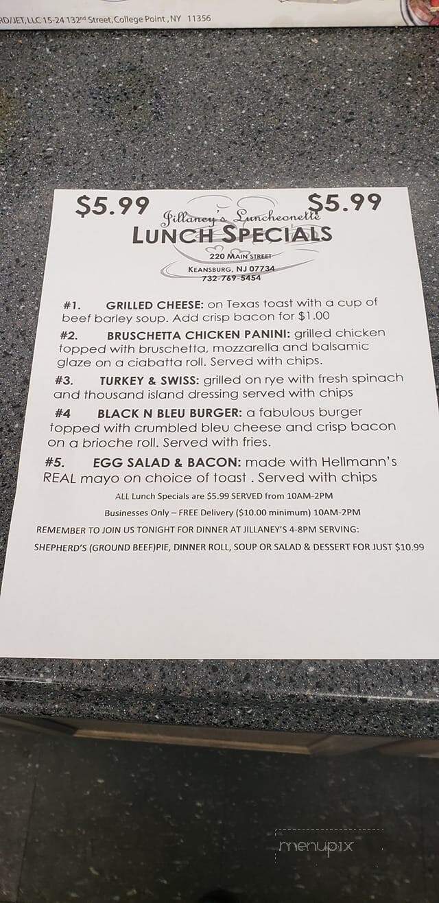 Jillaney's Luncheonette - Keansburg, NJ menu_pic