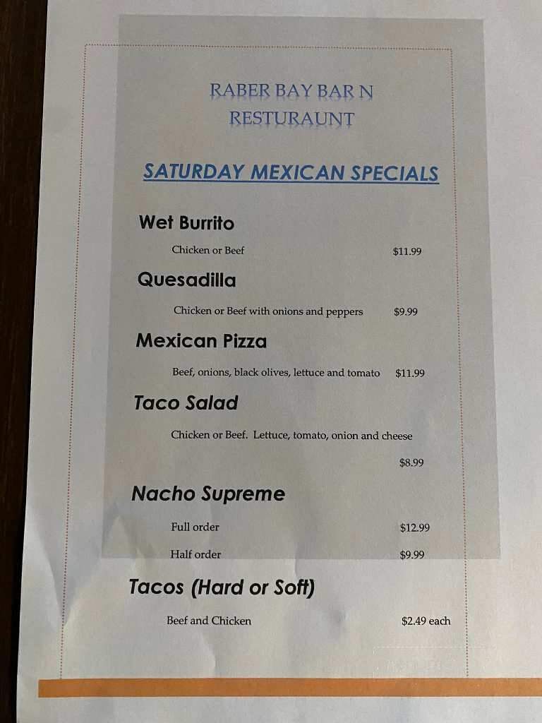 Raber Bay Bar & Restaurant - Goetzville, MI menu_pic