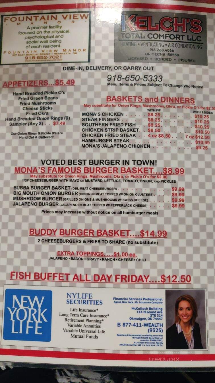 Mona's Rose Of Sharon restaurant - Henryetta, OK menu_pic