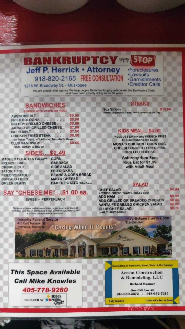 Mona's Rose Of Sharon restaurant - Henryetta, OK menu_pic