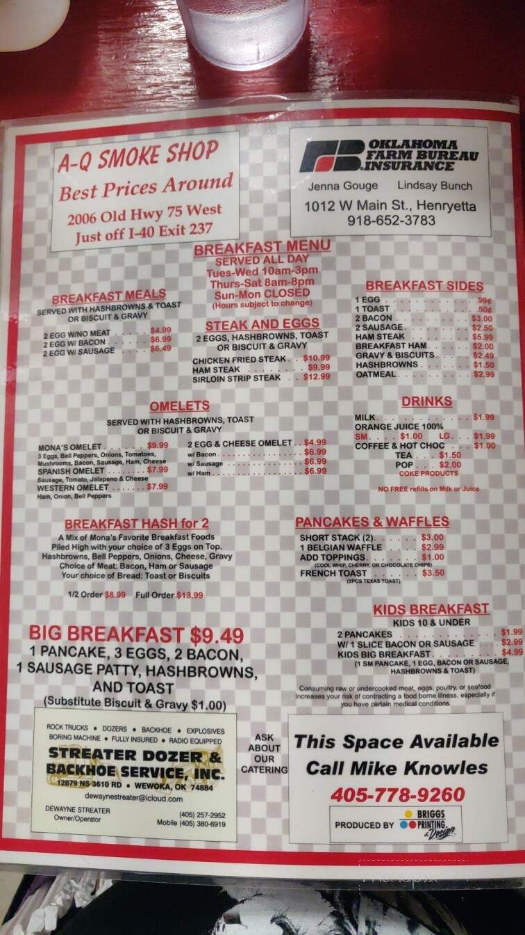 Mona's Rose Of Sharon restaurant - Henryetta, OK menu_pic