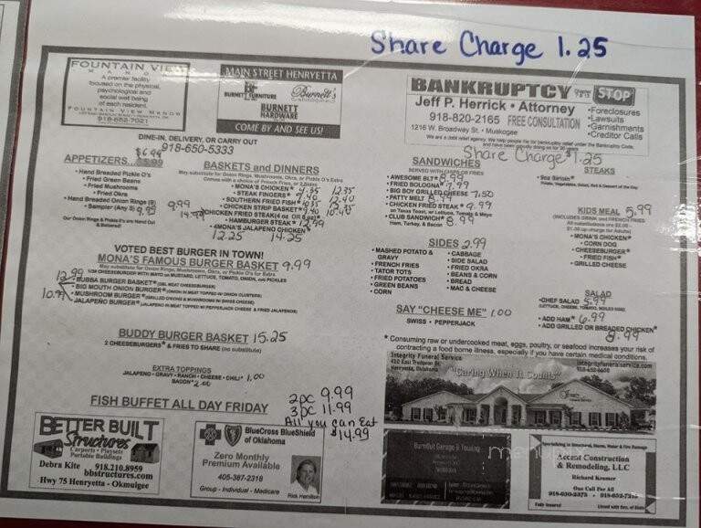Mona's Rose Of Sharon restaurant - Henryetta, OK menu_pic