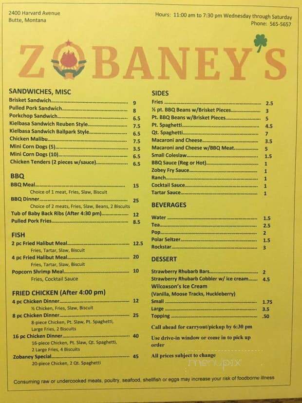 Zobaney's - Butte, MT menu_pic