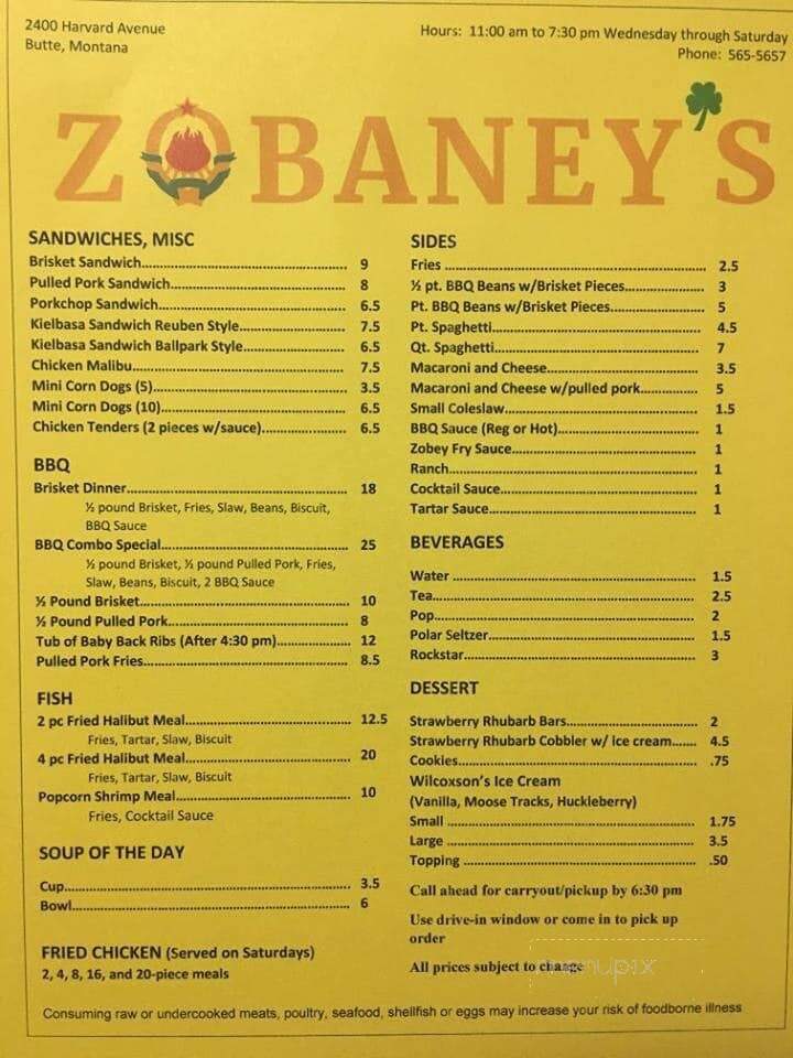 Zobaney's - Butte, MT menu_pic