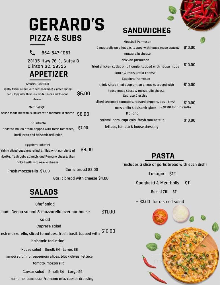 Gerard's Italian Pizza - Clinton, SC menu_pic