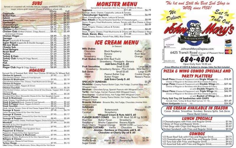 John & Mary's Restaurant - Depew, NY menu_pic