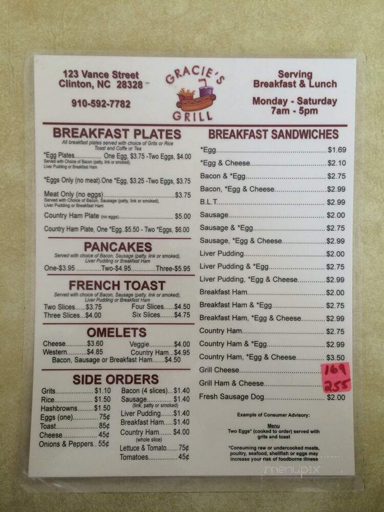 Gracie's Grill - Clinton, NC menu_pic