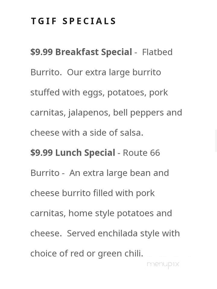 Flatbed Ford Bed & Breakfast - Winslow, AZ menu_pic