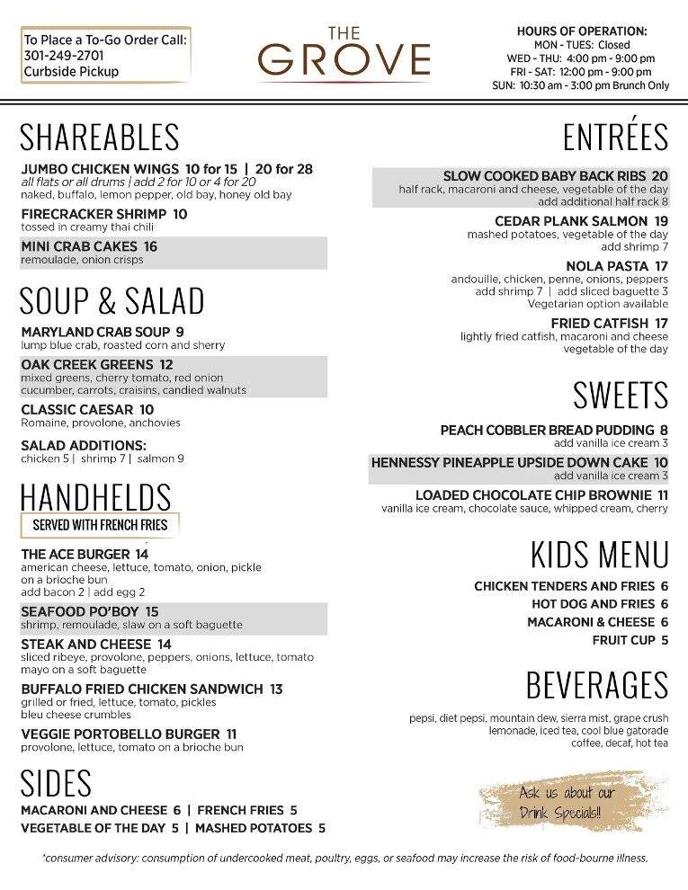 The Grove Restaurant - Upper Marlboro, MD menu_pic