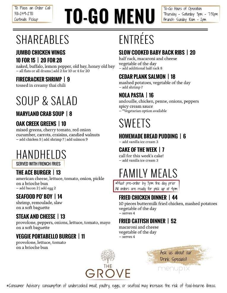 The Grove Restaurant - Upper Marlboro, MD menu_pic